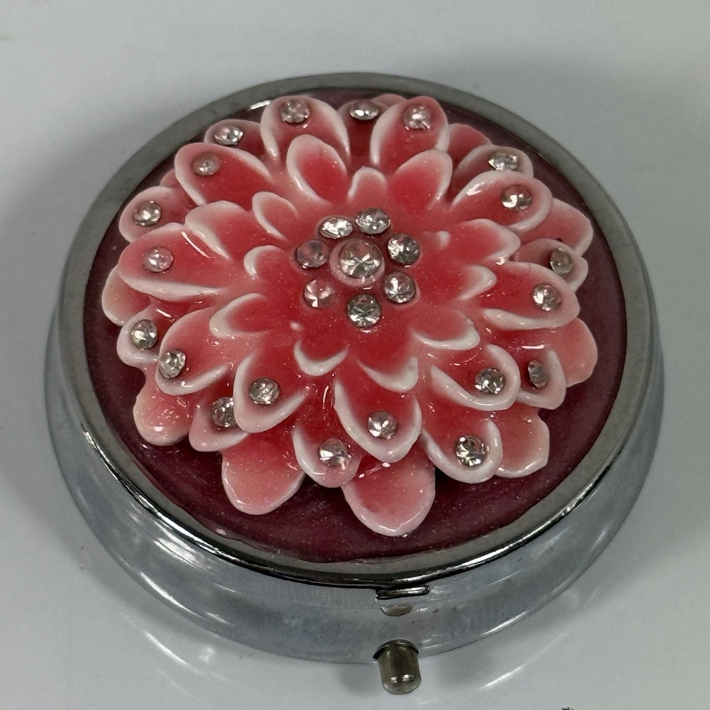 Silver Pink Flower Trinket Jewelry Ring‎ Box Rhinestone Enamel Hinged Mirror